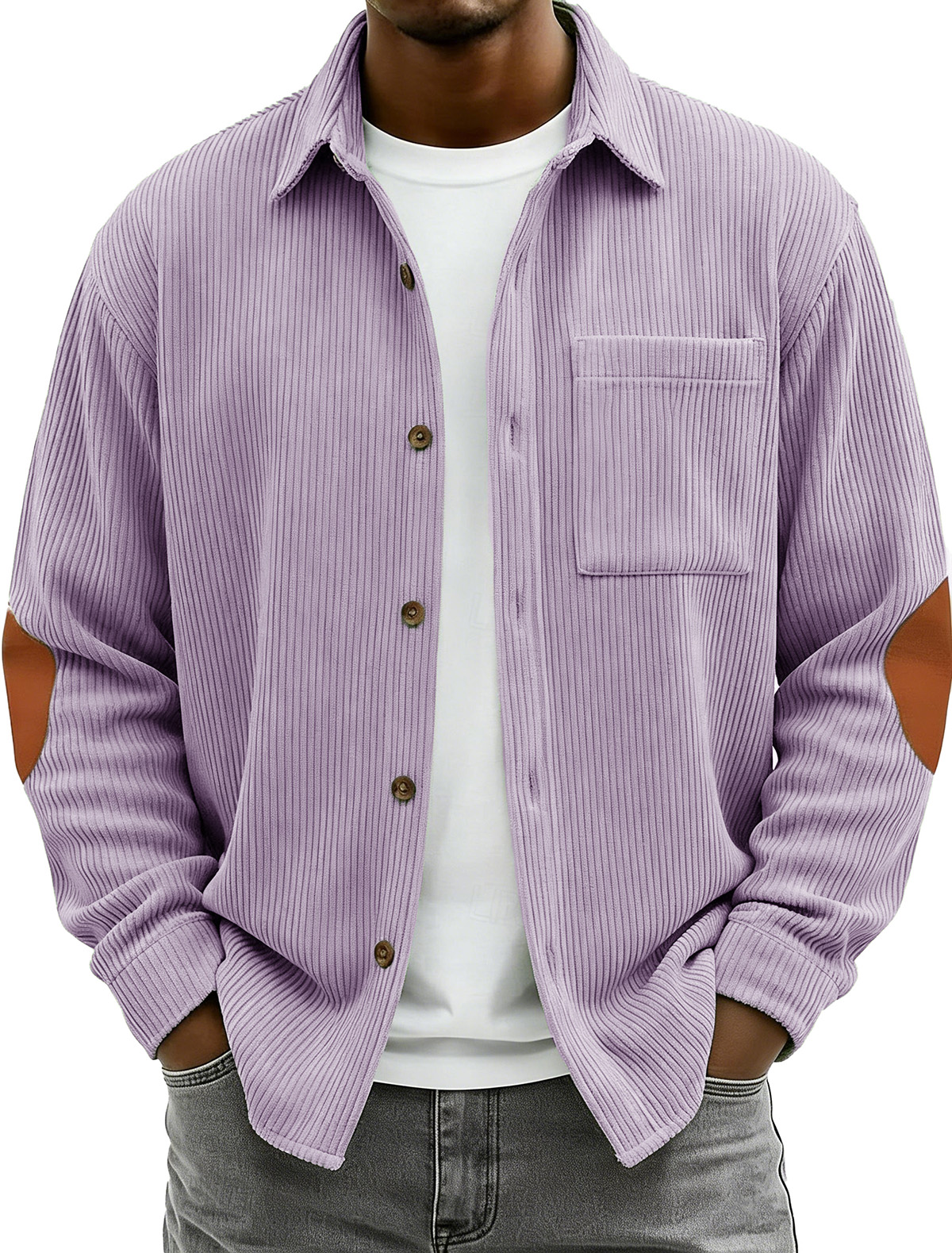 Men's Fashionable Casual Corduroy Patchwork Collared Long-Sleeved Shirt