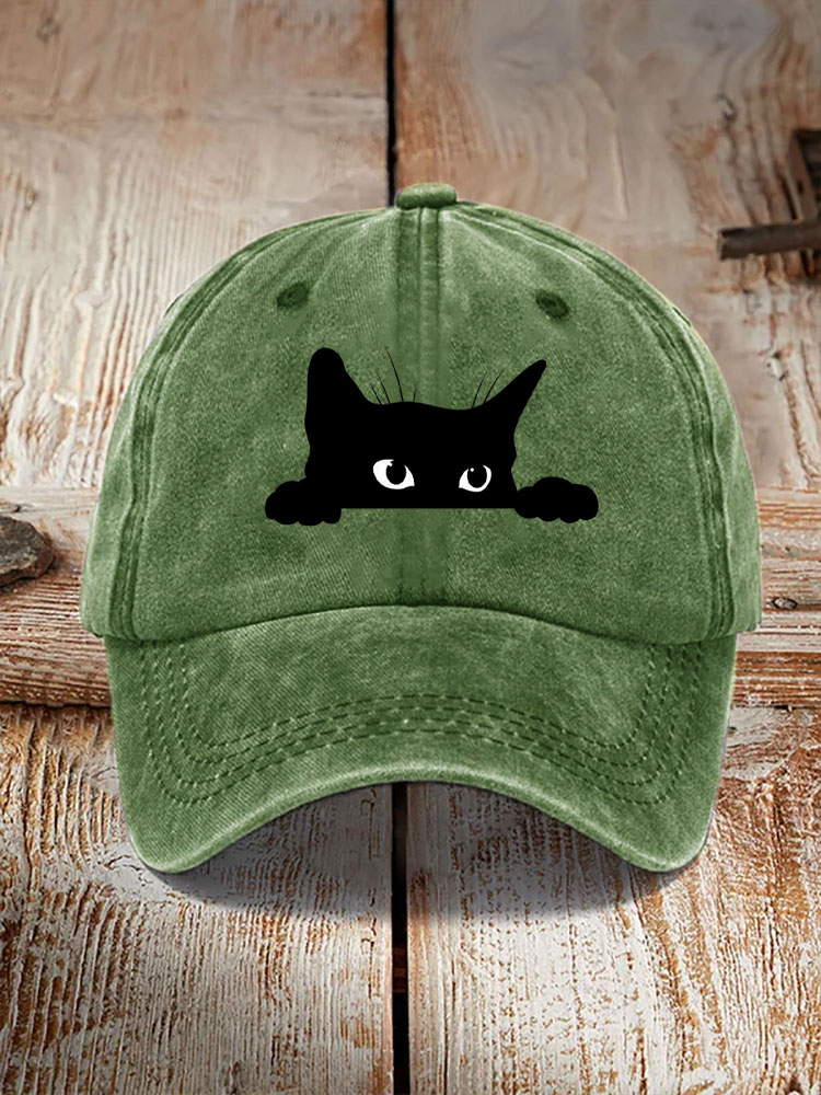 Unisex Washed Cotton Bend Casual Black Cat Print Hat