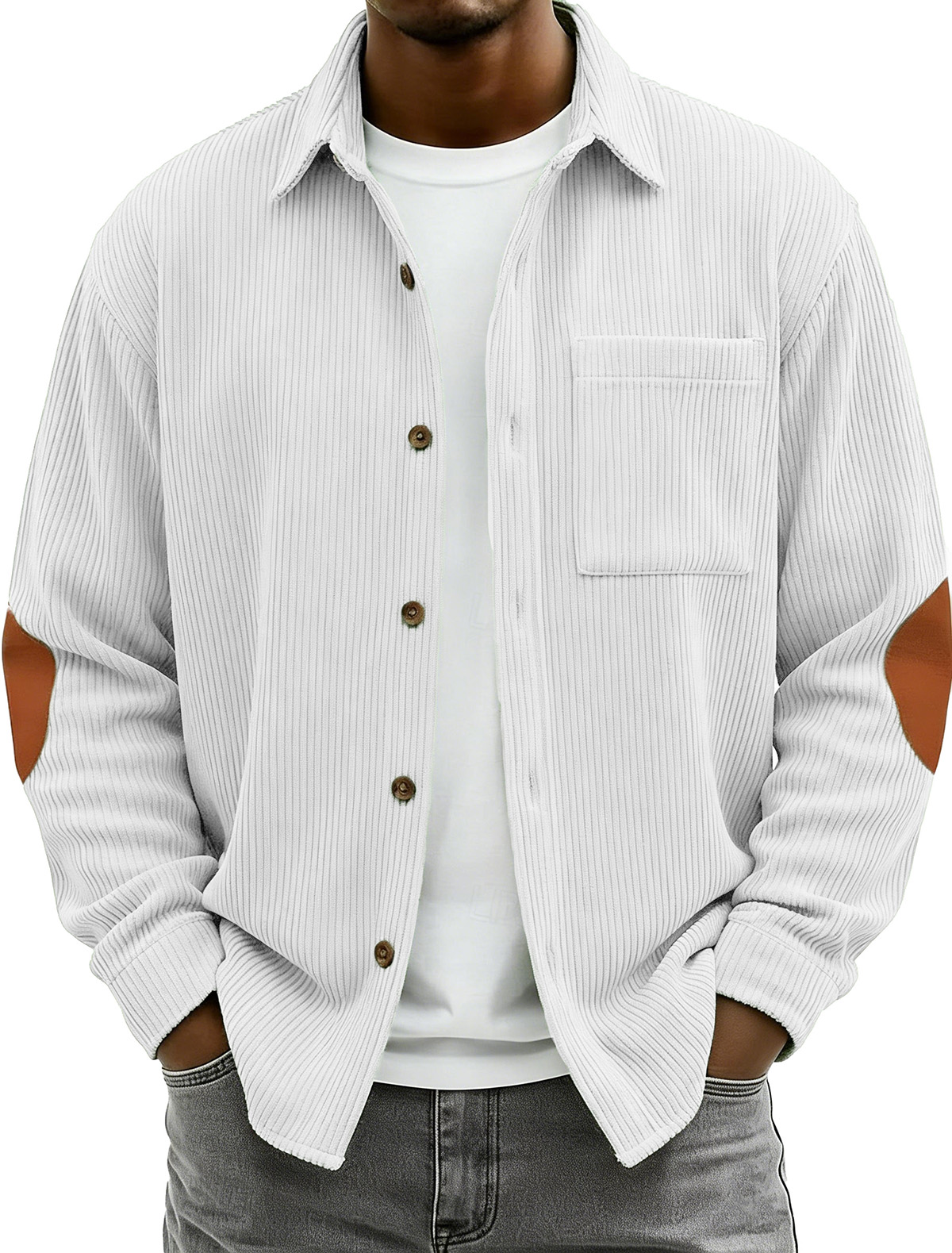Men's Fashionable Casual Corduroy Patchwork Collared Long-Sleeved Shirt