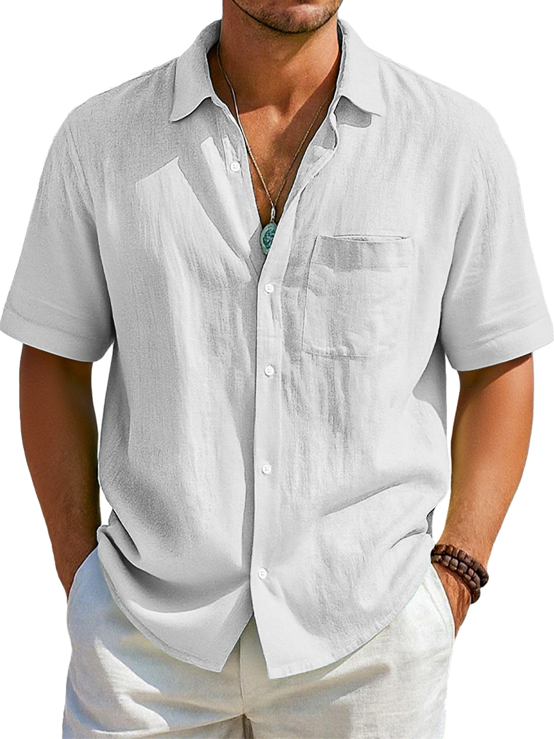 Men's Daily Imitation Linen Casual Pocket Lapel Comfortable Short Sleeve Shirt