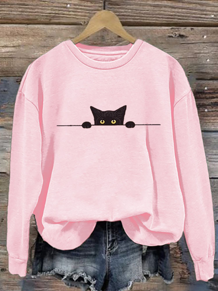 Women's Casual Funny Black Cat Print Sweatshirt
