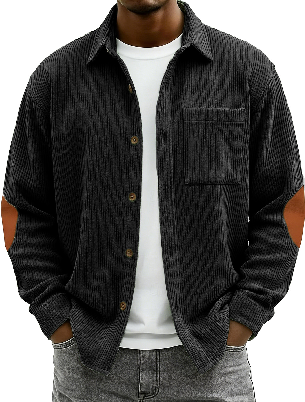 Men's Fashionable Casual Corduroy Patchwork Collared Long-Sleeved Shirt