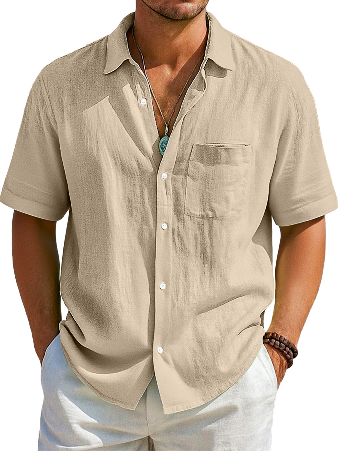 Men's Daily Imitation Linen Casual Pocket Lapel Comfortable Short Sleeve Shirt