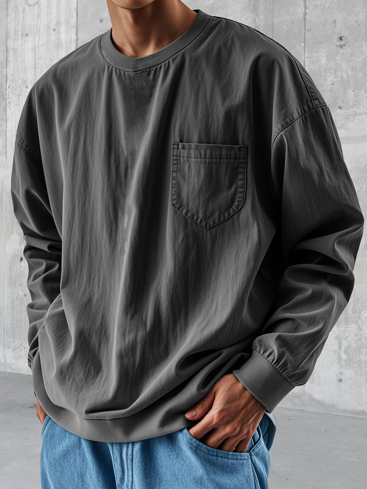 Men's Fashionable Round Neck Casual Pocket Long Sleeve Tops