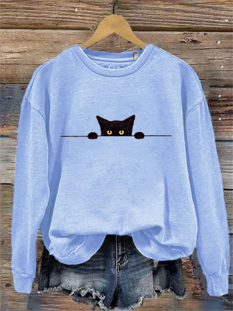 Women's Casual Funny Black Cat Print Sweatshirt