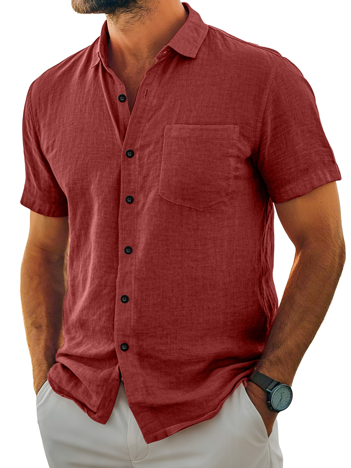 Men's Daily Casual Pocket Lapel Solid Color Comfortable Short Sleeve Shirt