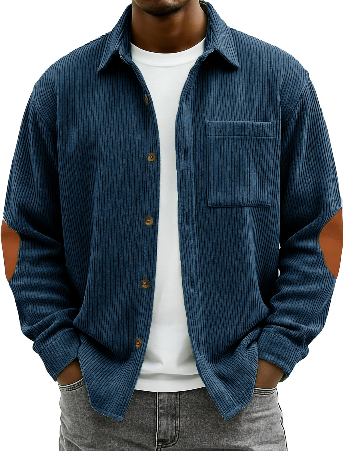 Men's Fashionable Casual Corduroy Patchwork Collared Long-Sleeved Shirt