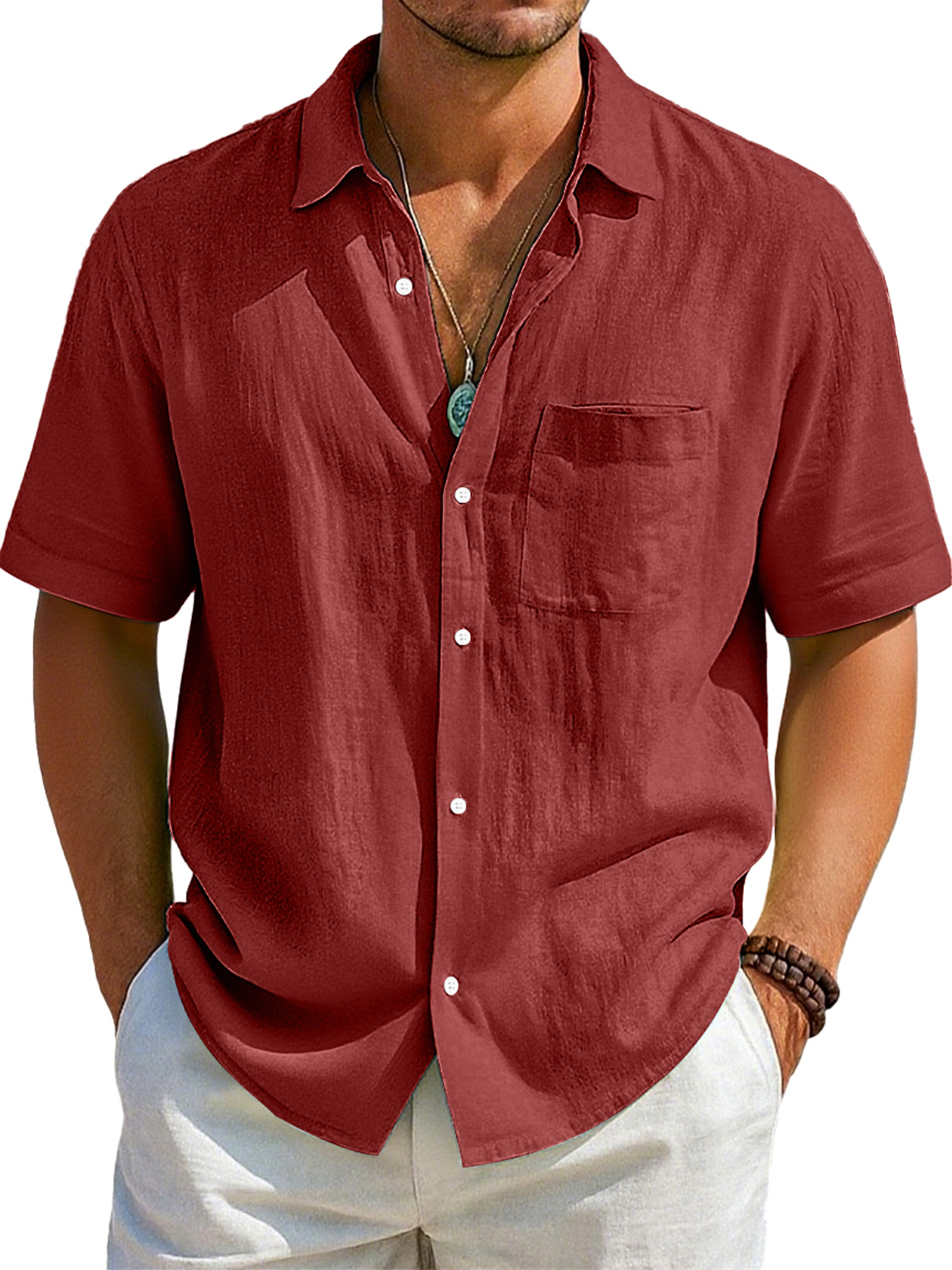 Men's Daily Imitation Linen Casual Pocket Lapel Comfortable Short Sleeve Shirt