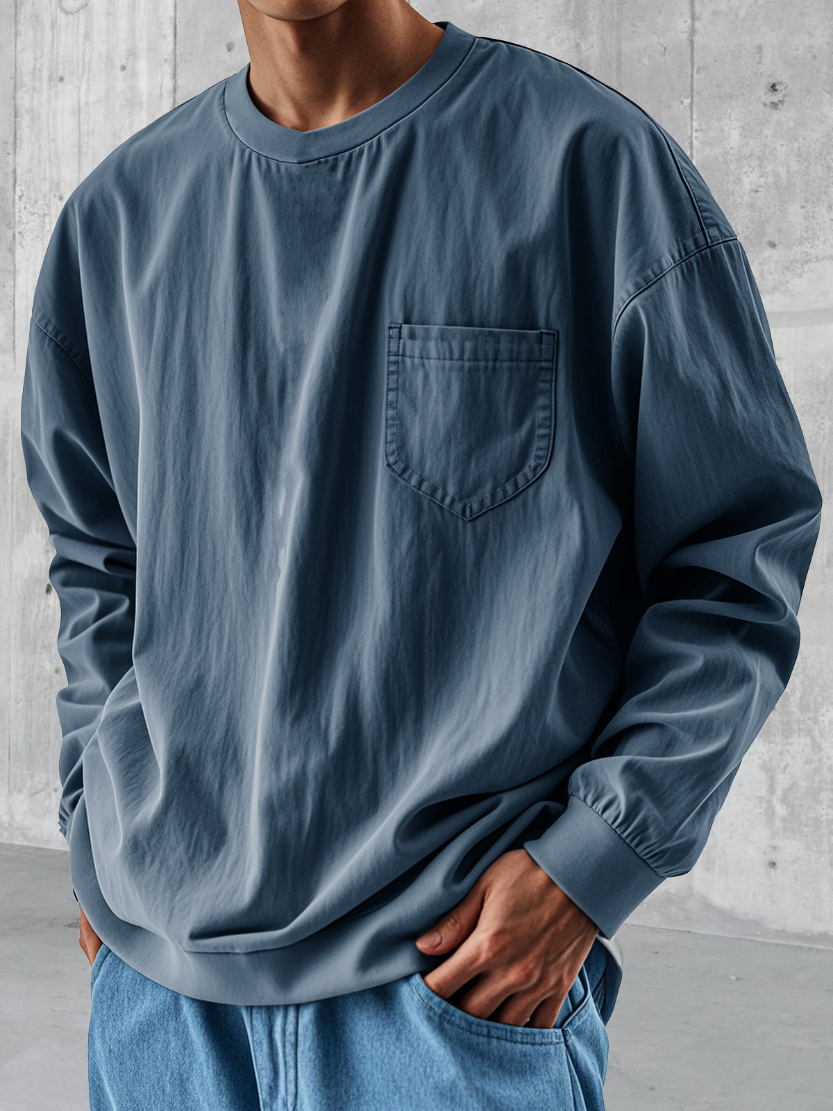 Men's Fashionable Round Neck Casual Pocket Long Sleeve Tops