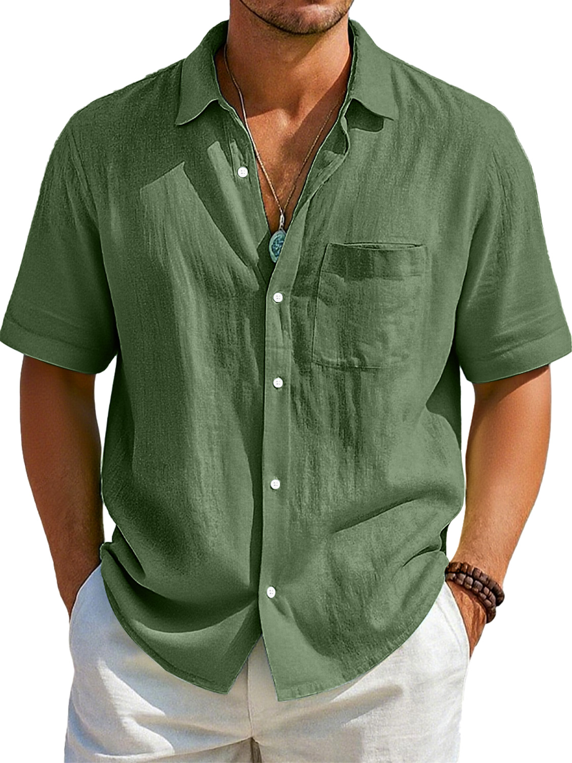 Men's Daily Imitation Linen Casual Pocket Lapel Comfortable Short Sleeve Shirt