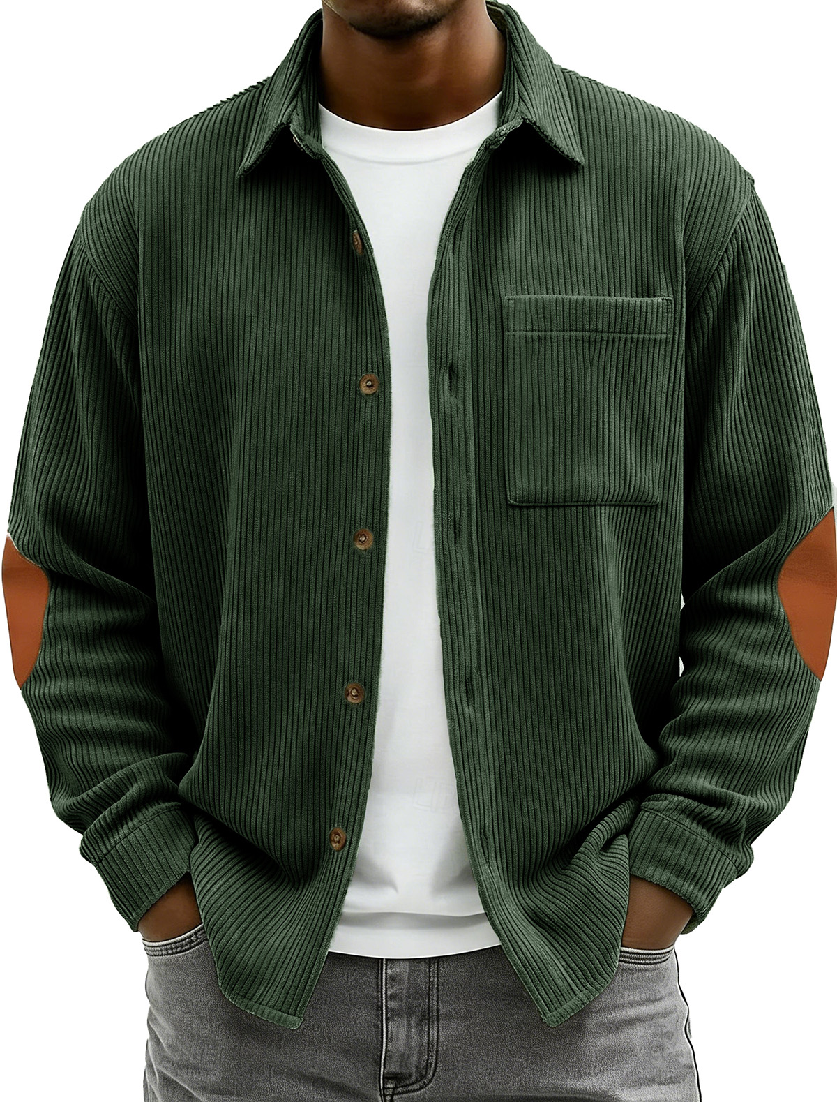 Men's Fashionable Casual Corduroy Patchwork Collared Long-Sleeved Shirt