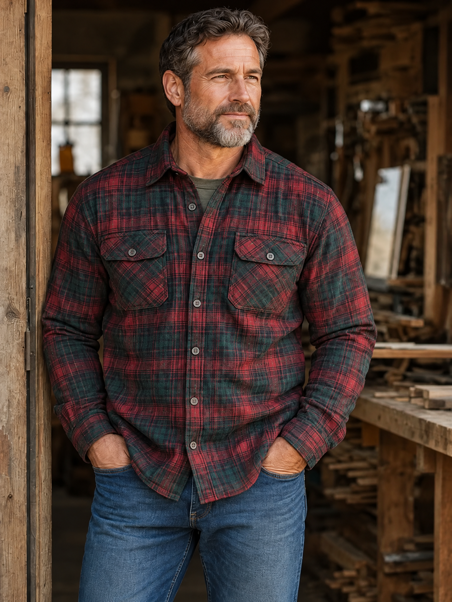 D-Brand Men's Plaid Print Fleece-Lined Button-Down Shirt with Pockets