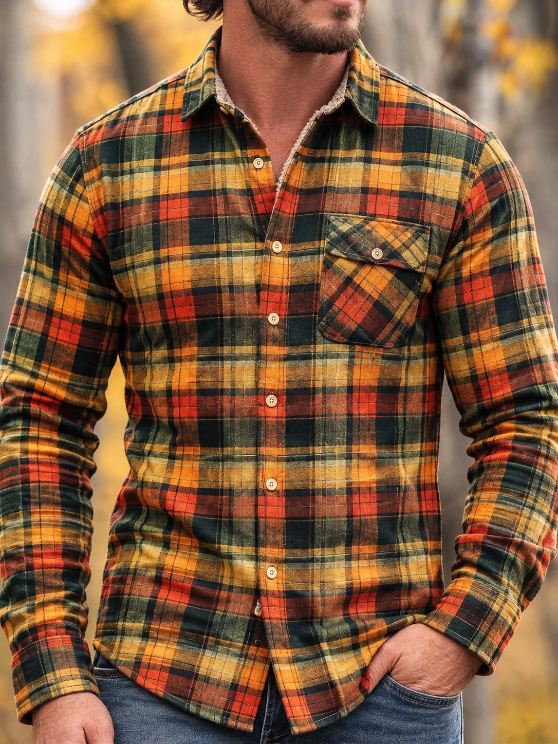 D-Brand Men's Plaid Print Fleece-Lined Button-Down Shirt with Pockets