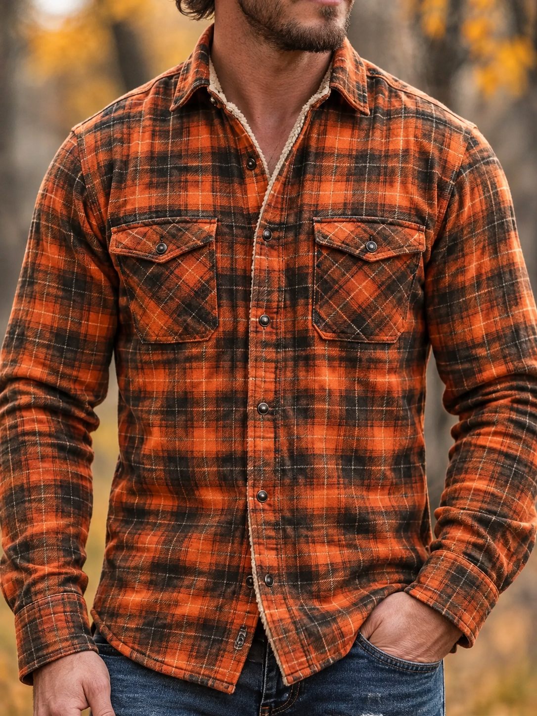 D-Brand Men's Plaid Print Fleece-Lined Button-Down Shirt with Pockets
