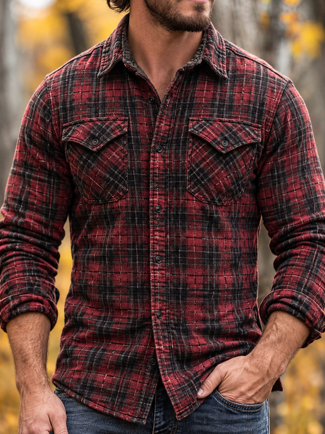 D-Brand Men's Plaid Print Fleece-Lined Button-Down Shirt with Pockets