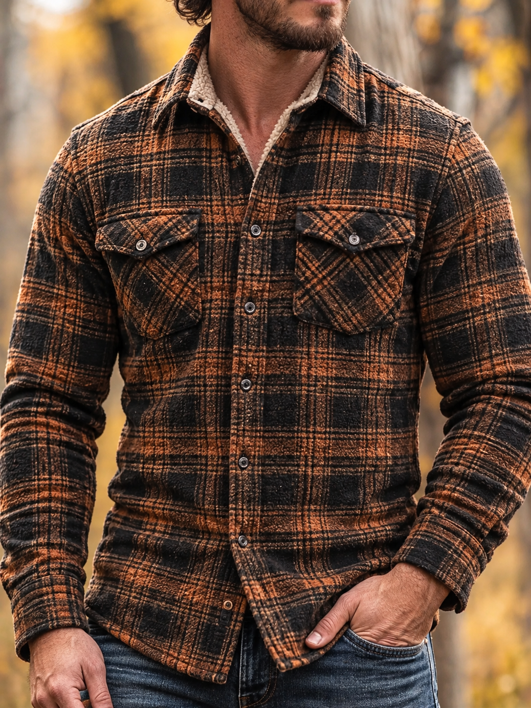 D-Brand Men's Plaid Print Fleece-Lined Button-Down Shirt with Pockets