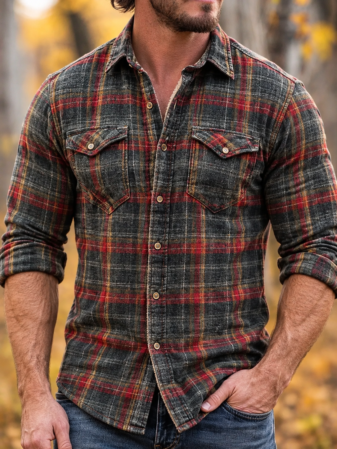 D-Brand Men's Plaid Print Fleece-Lined Button-Down Shirt with Pockets