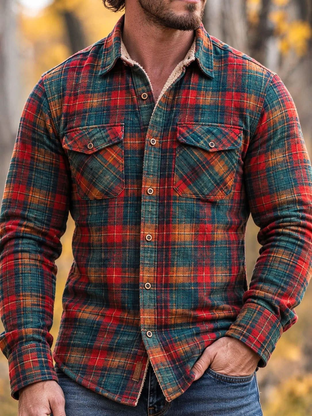 D-Brand Men's Plaid Print Fleece-Lined Button-Down Shirt with Pockets