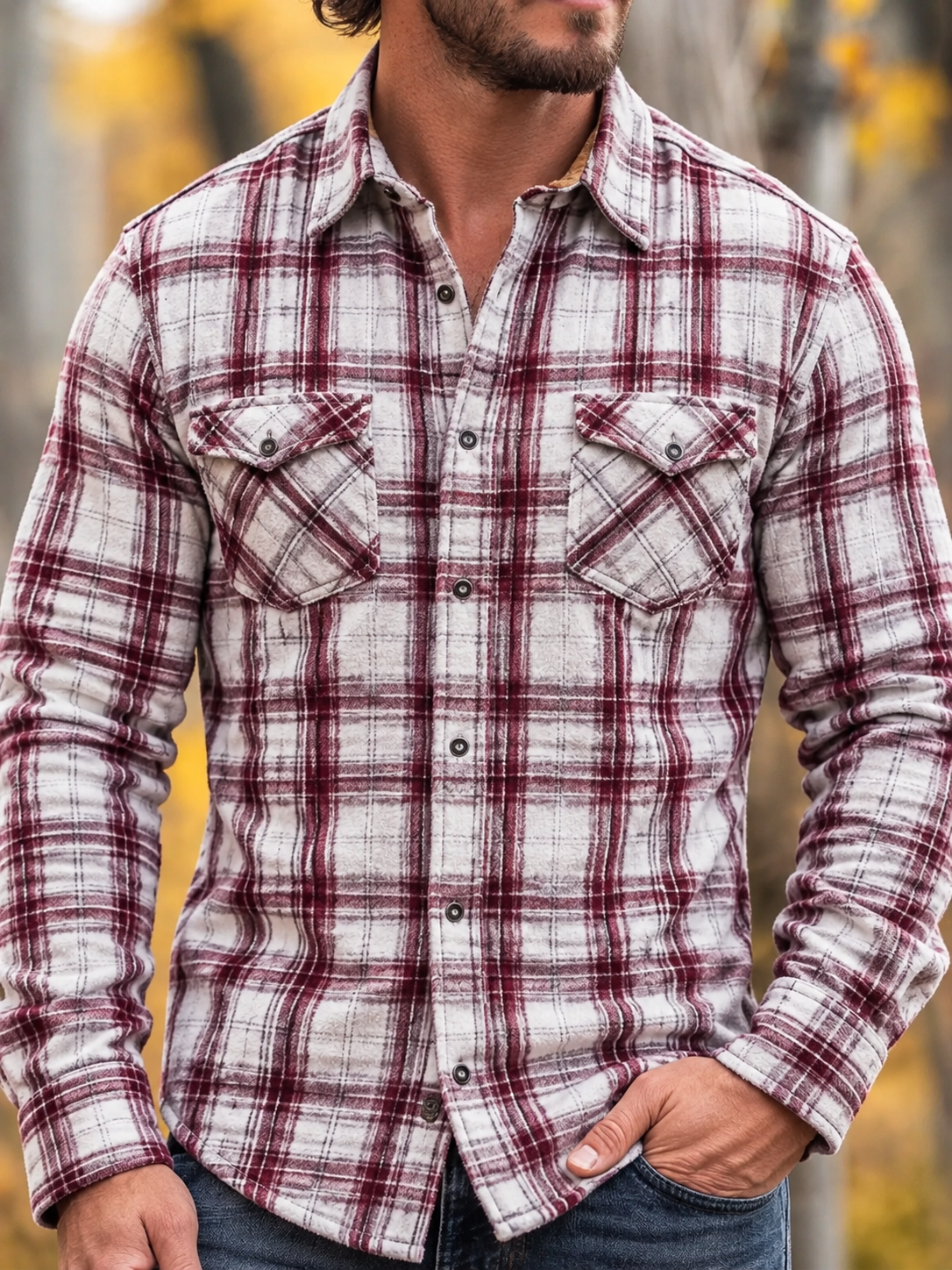 D-Brand Men's Plaid Print Fleece-Lined Button-Down Shirt with Pockets