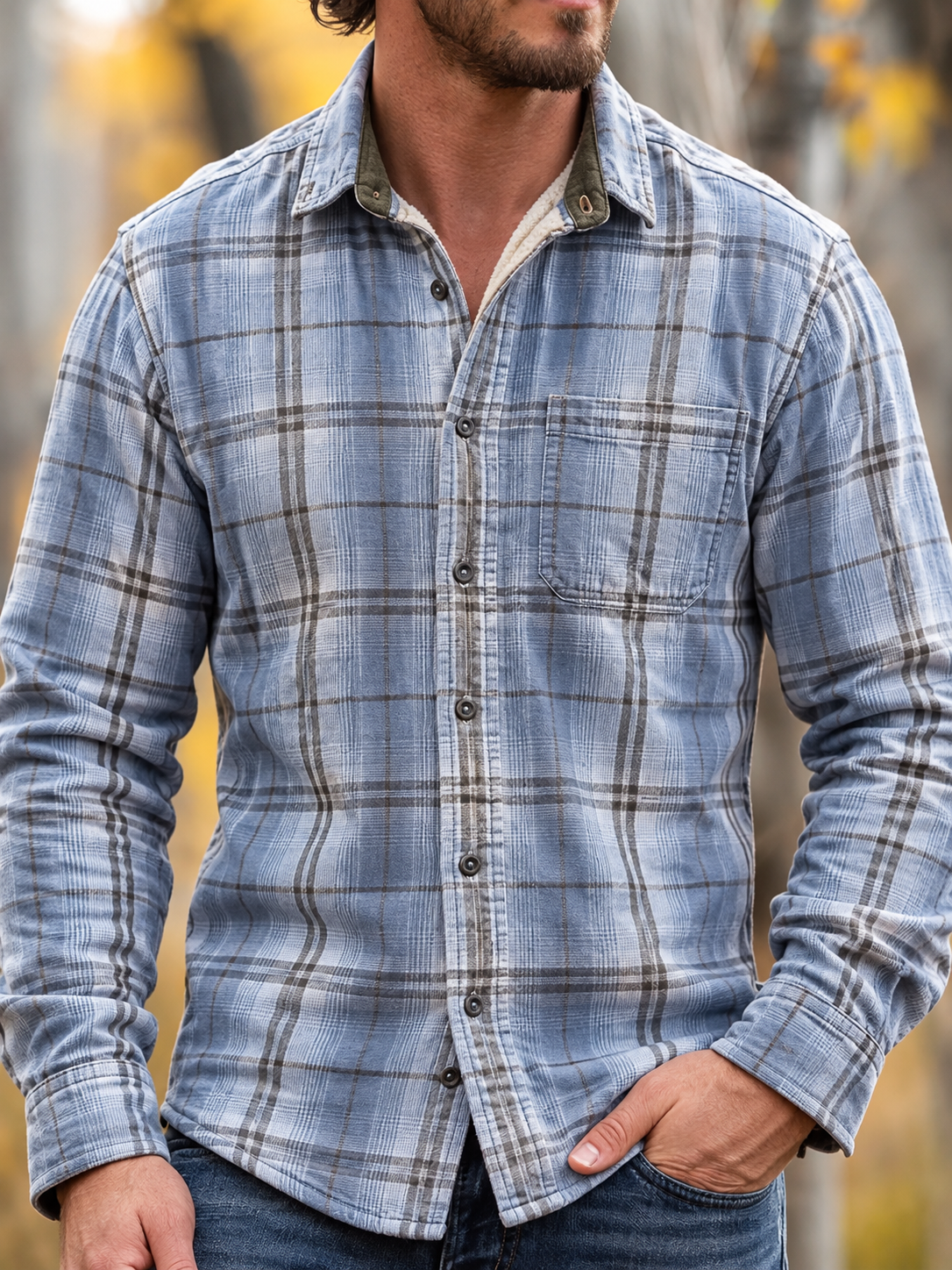 D-Brand Men's Plaid Print Fleece-Lined Button-Down Shirt with Pockets