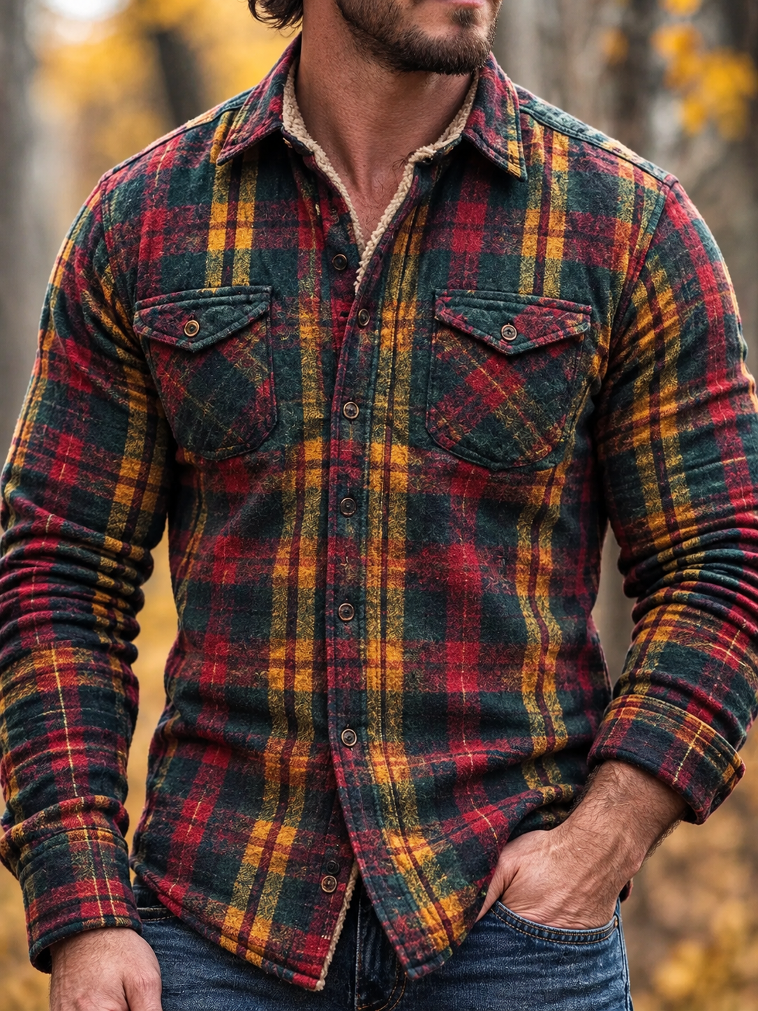D-Brand Men's Plaid Print Fleece-Lined Button-Down Shirt with Pockets