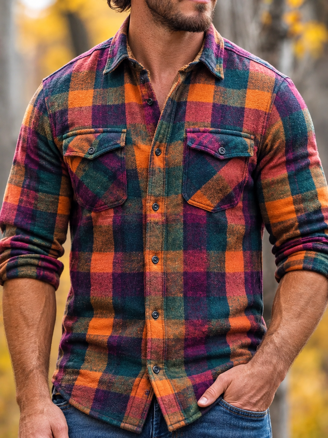 D-Brand Men's Plaid Print Fleece-Lined Button-Down Shirt with Pockets