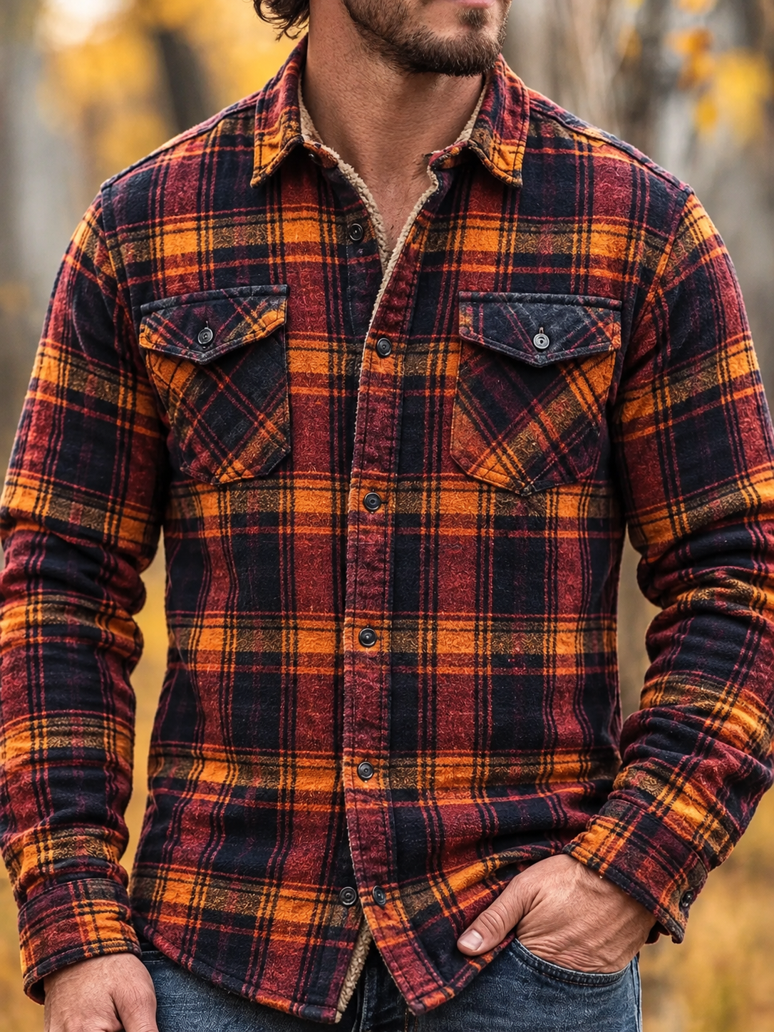 D-Brand Men's Plaid Print Fleece-Lined Button-Down Shirt with Pockets
