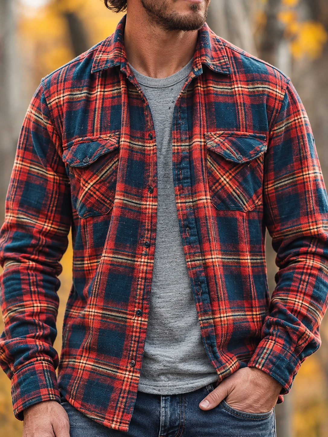 D-Brand Men's Plaid Print Fleece-Lined Button-Down Shirt with Pockets