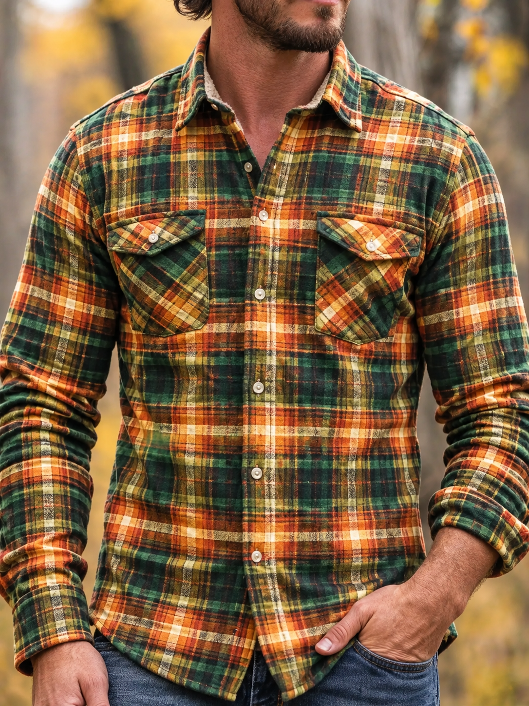 D-Brand Men's Plaid Print Fleece-Lined Button-Down Shirt with Pockets