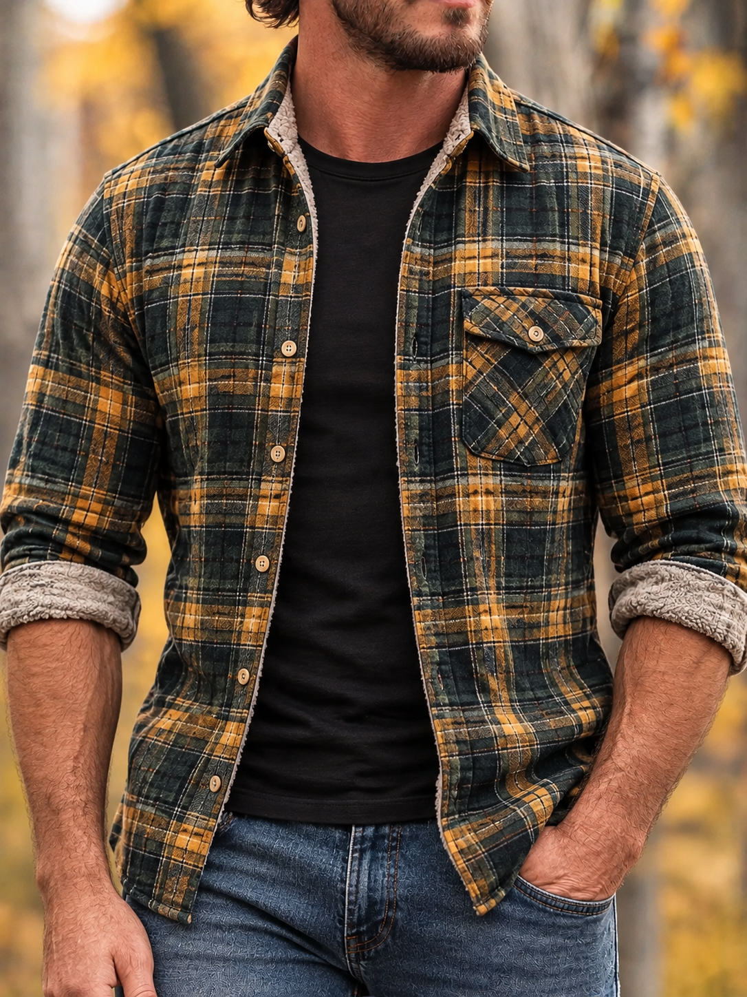 D-Brand Men's Plaid Print Fleece-Lined Button-Down Shirt with Pockets