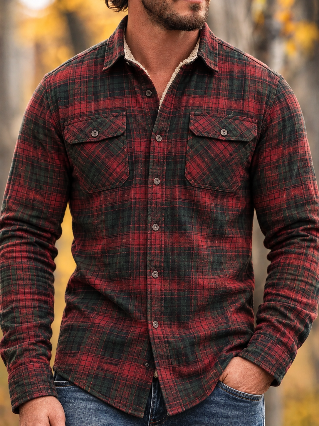 D-Brand Men's Plaid Print Fleece-Lined Button-Down Shirt with Pockets