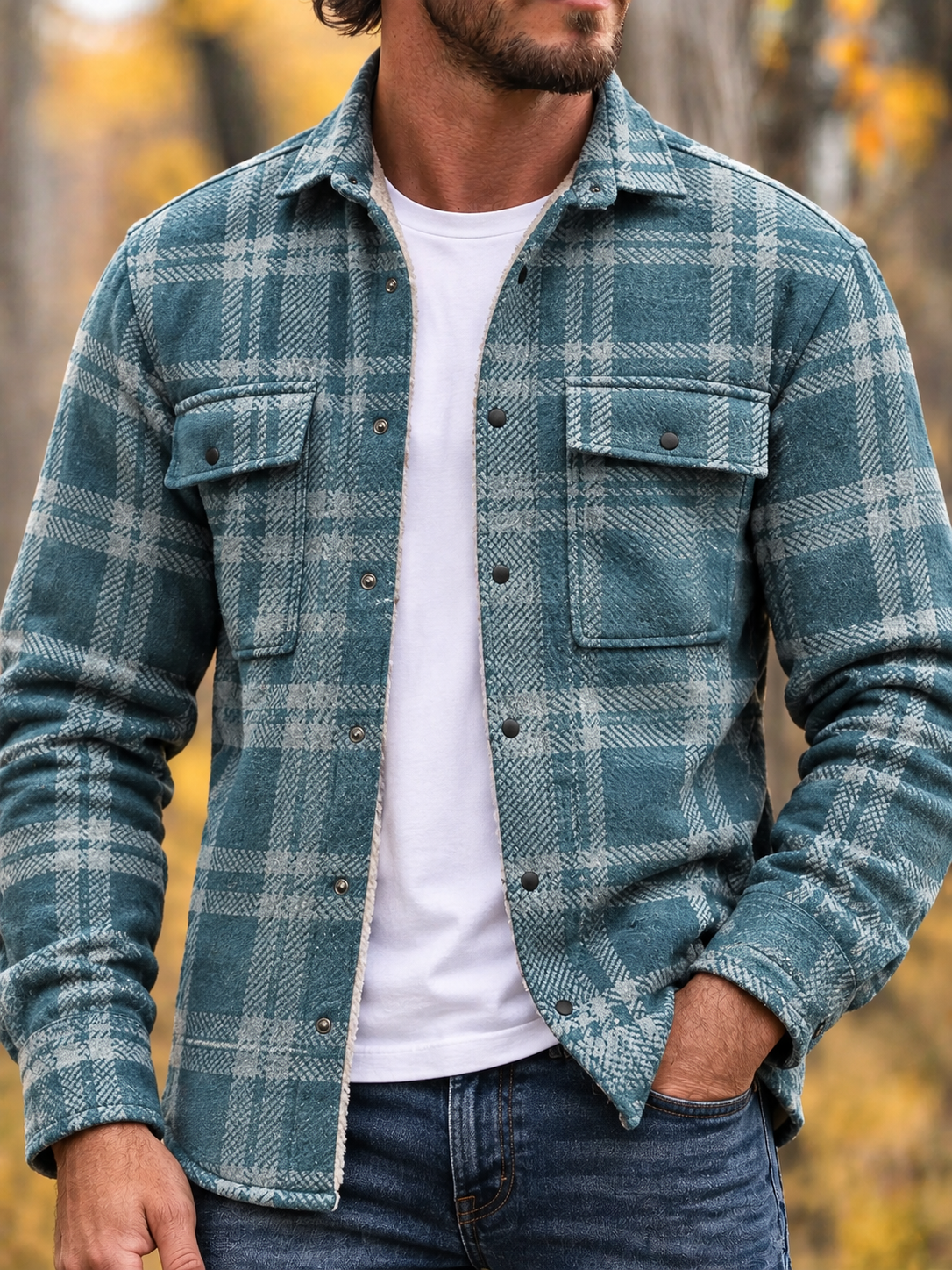 D-Brand Men's Plaid Print Fleece-Lined Button-Down Shirt with Pockets