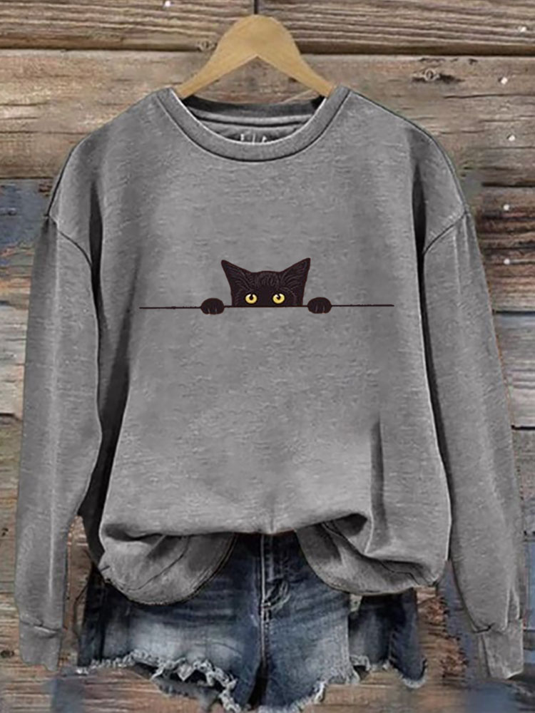 Women's Casual Funny Black Cat Print Sweatshirt