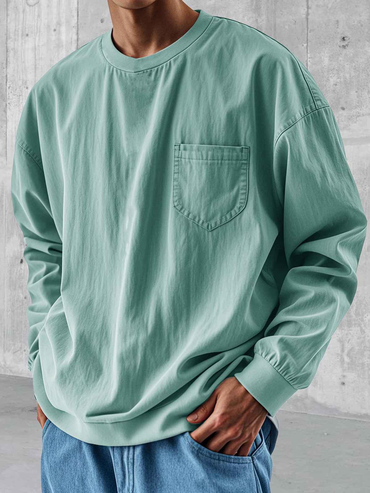 Men's Fashionable Round Neck Casual Pocket Long Sleeve Tops