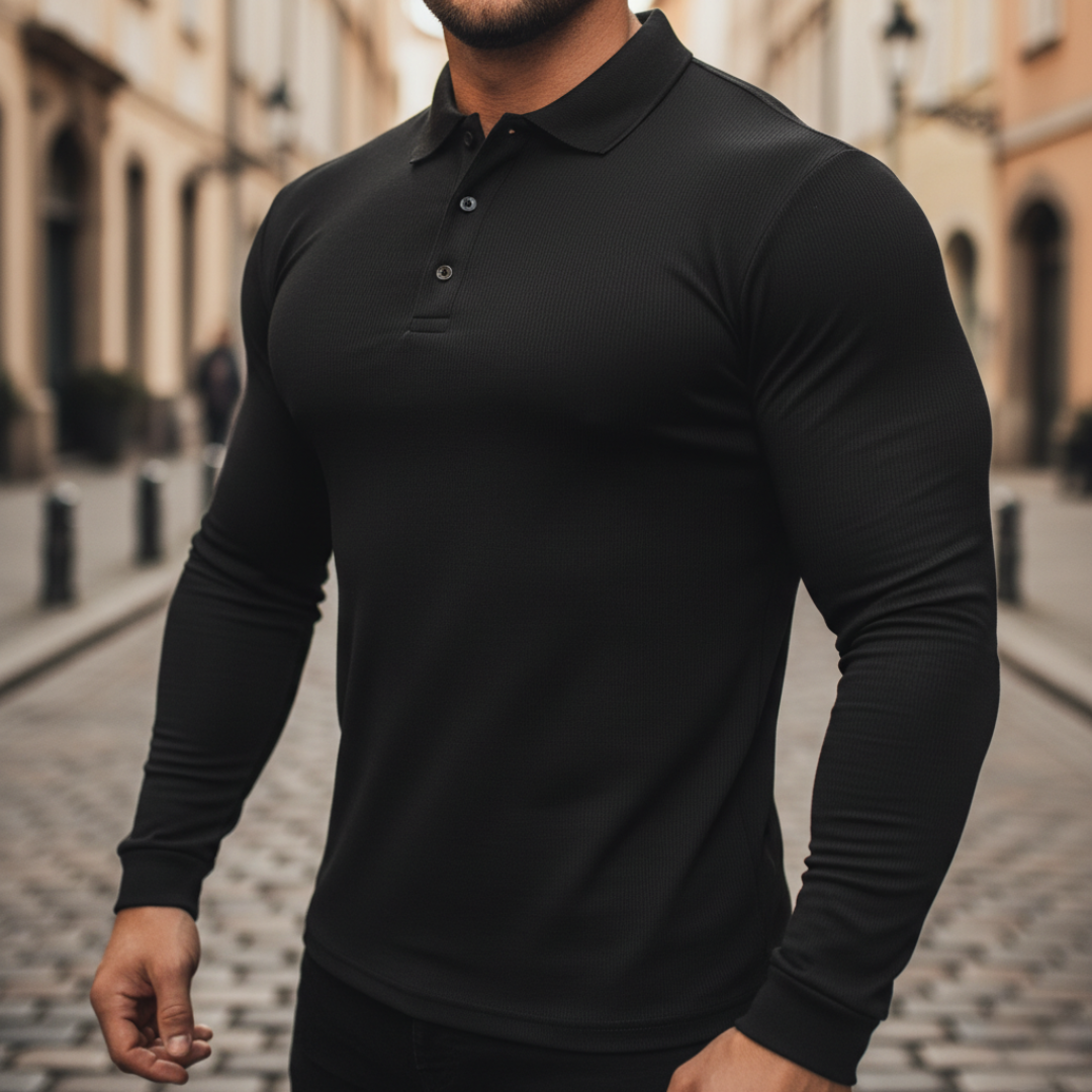Camisa polo de manga larga acanalada para hombre