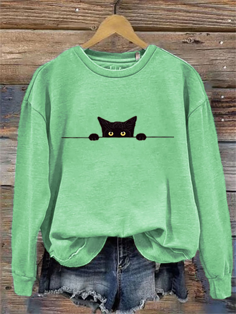 Women's Casual Funny Black Cat Print Sweatshirt