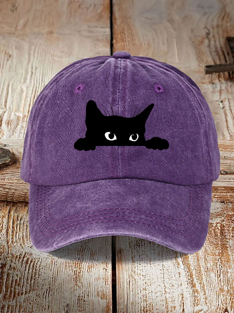 Unisex Washed Cotton Bend Casual Black Cat Print Hat
