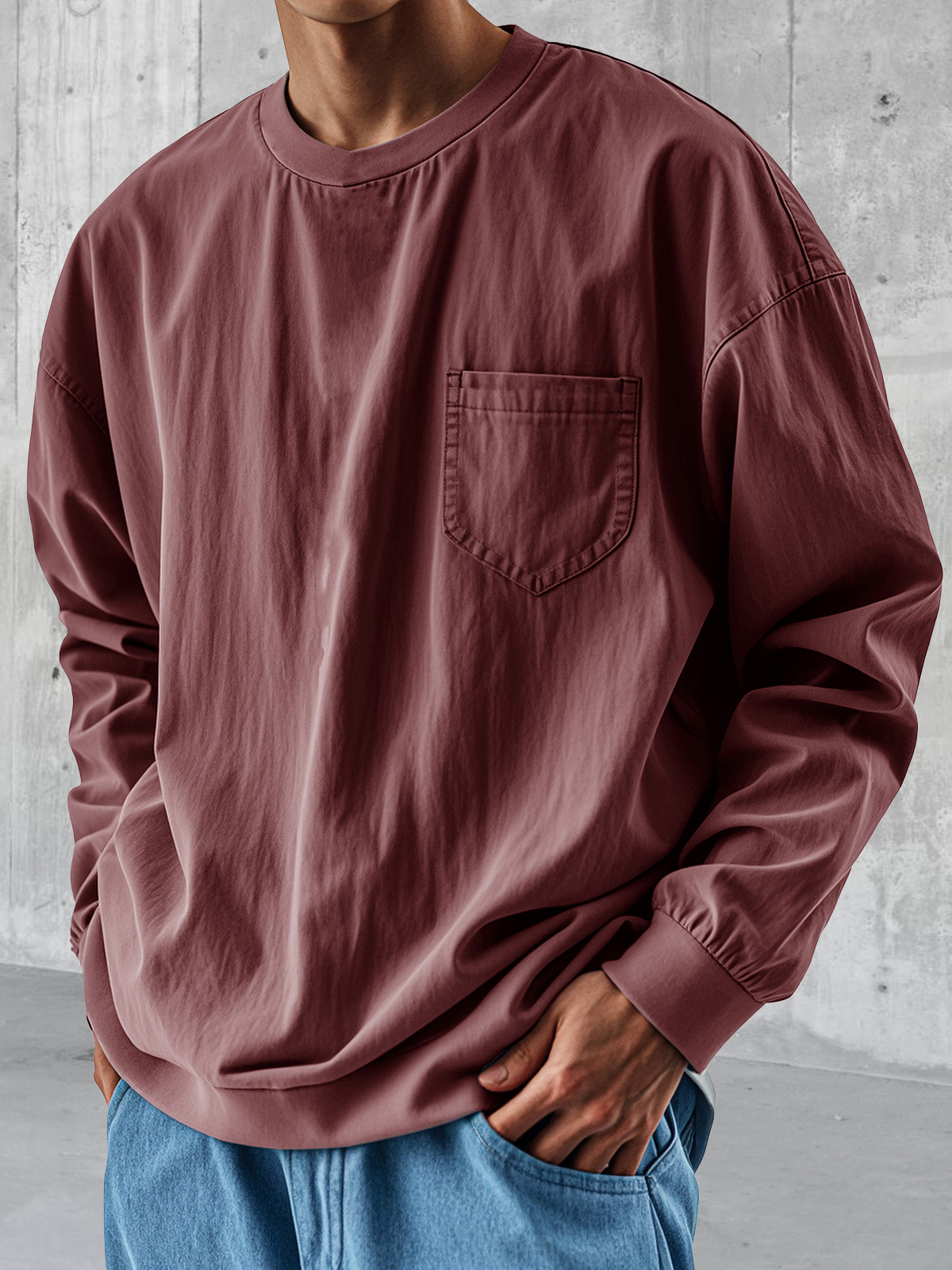 Men's Fashionable Round Neck Casual Pocket Long Sleeve Tops