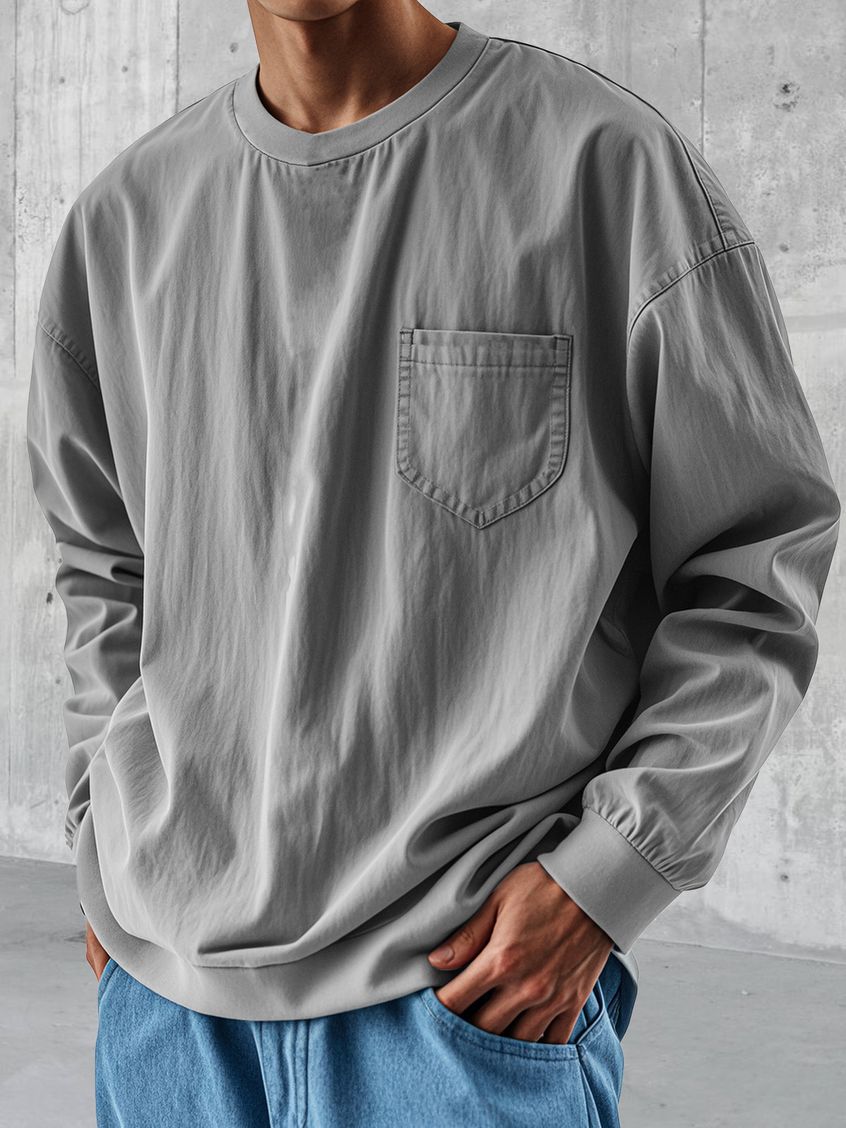 Men's Fashionable Round Neck Casual Pocket Long Sleeve Tops