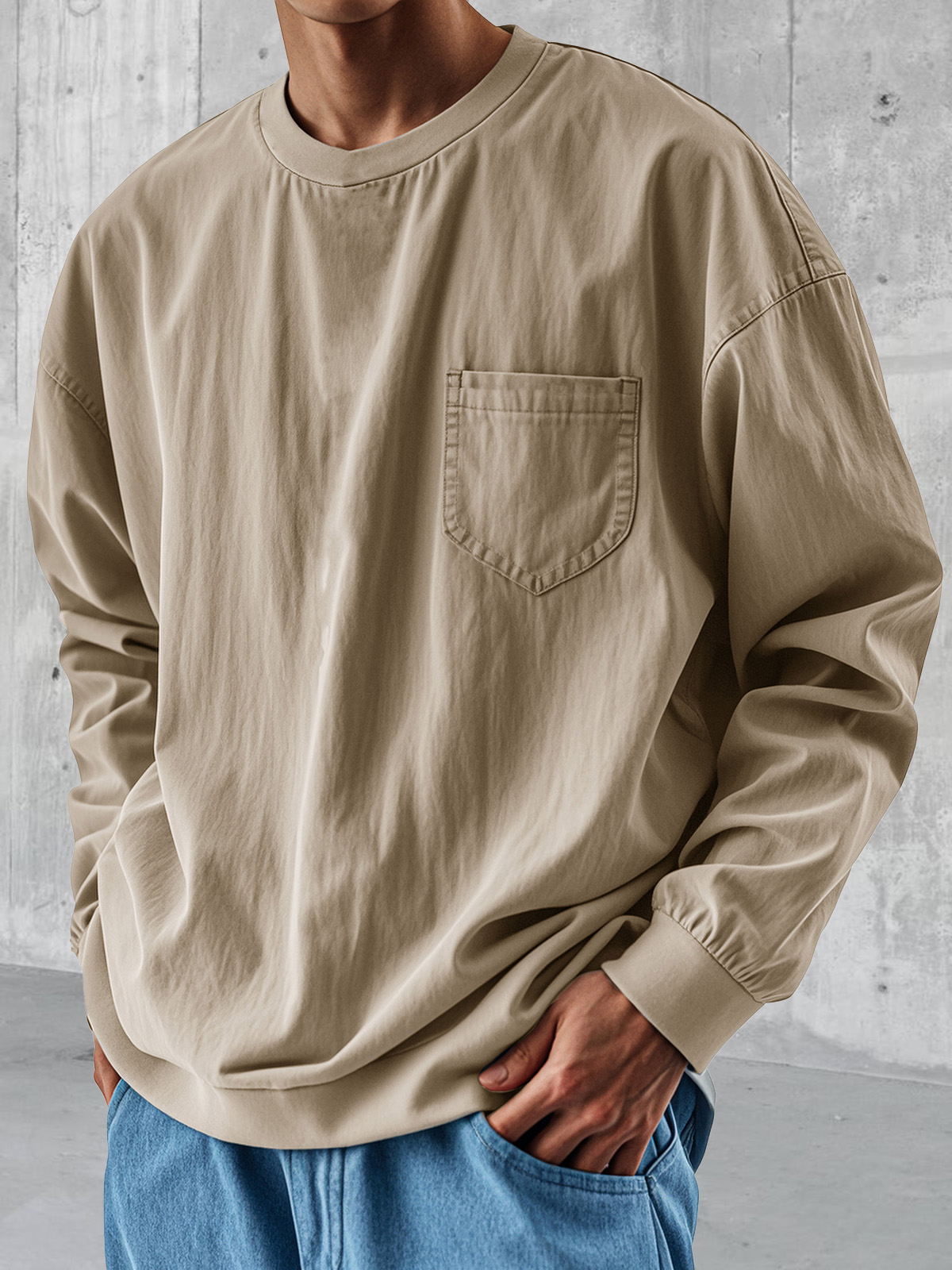 Men's Fashionable Round Neck Casual Pocket Long Sleeve Tops