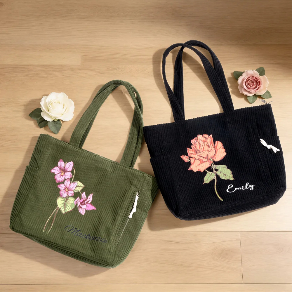 Personalized Birth Flower Corduroy Large Capacity Tote Bag with Name Daily Use Birthday Gift for Women
