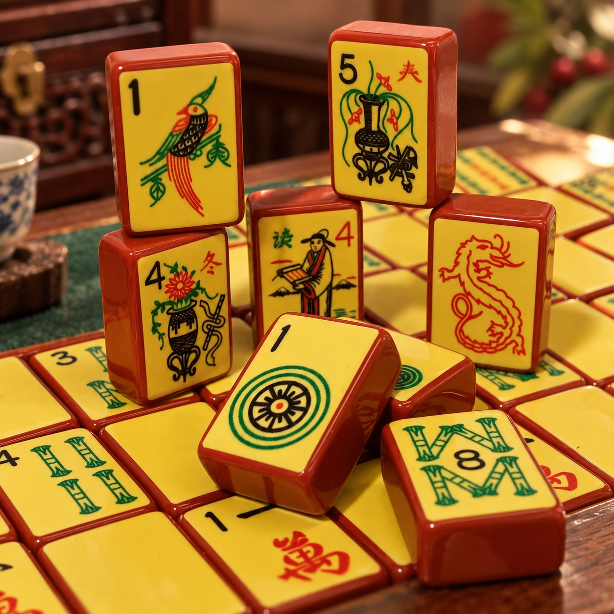 Vintage Red Heritage Mahjong Tiles