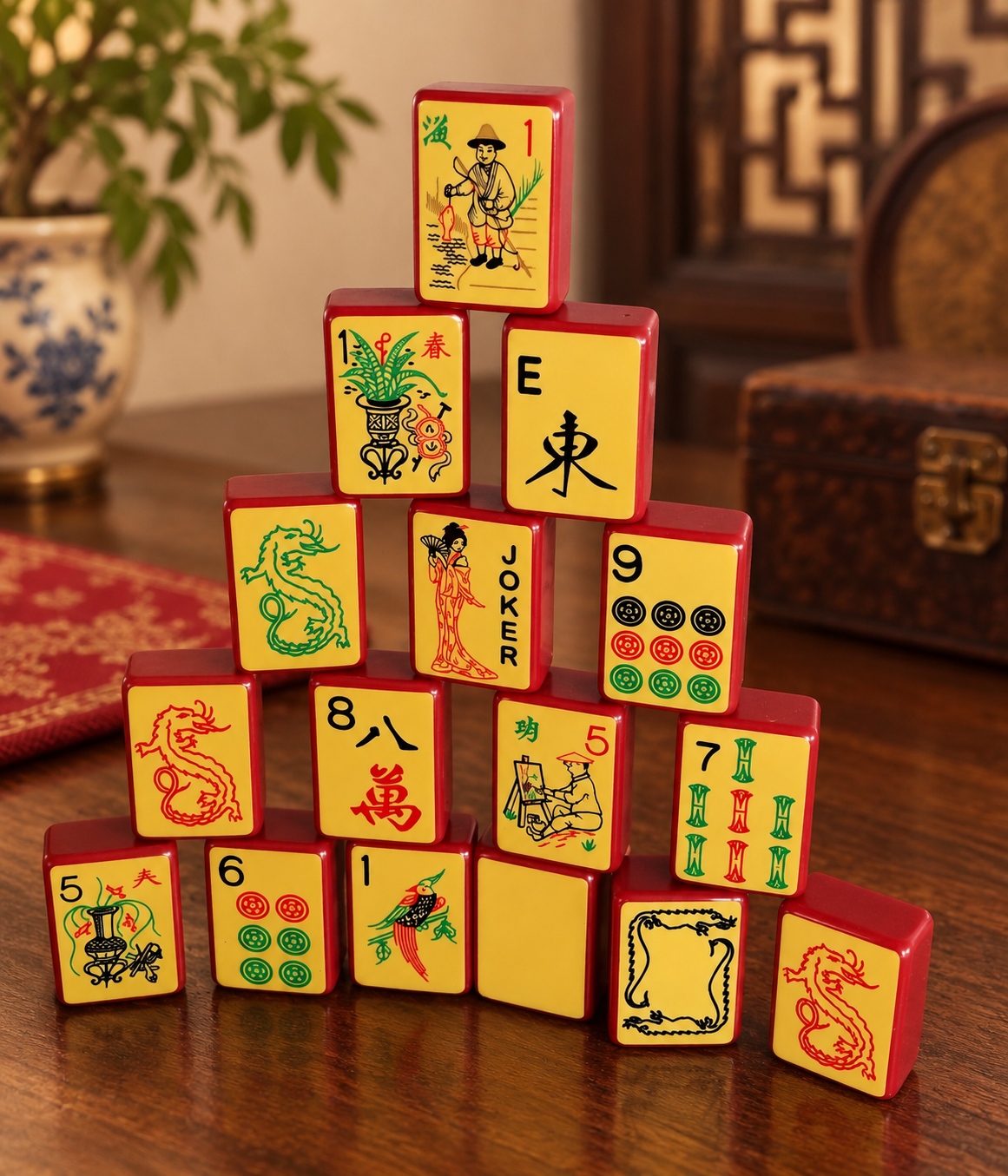 Vintage Red Heritage Mahjong Tiles