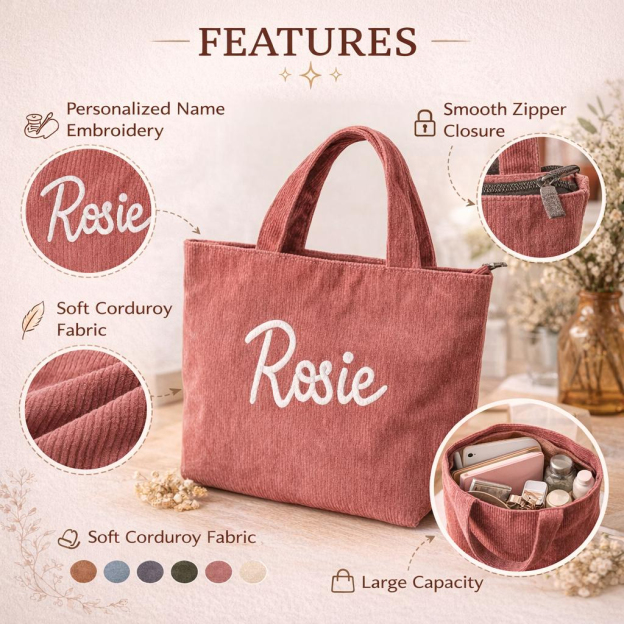 Personalized Corduroy Tote Bag with Custom Name Embroidery