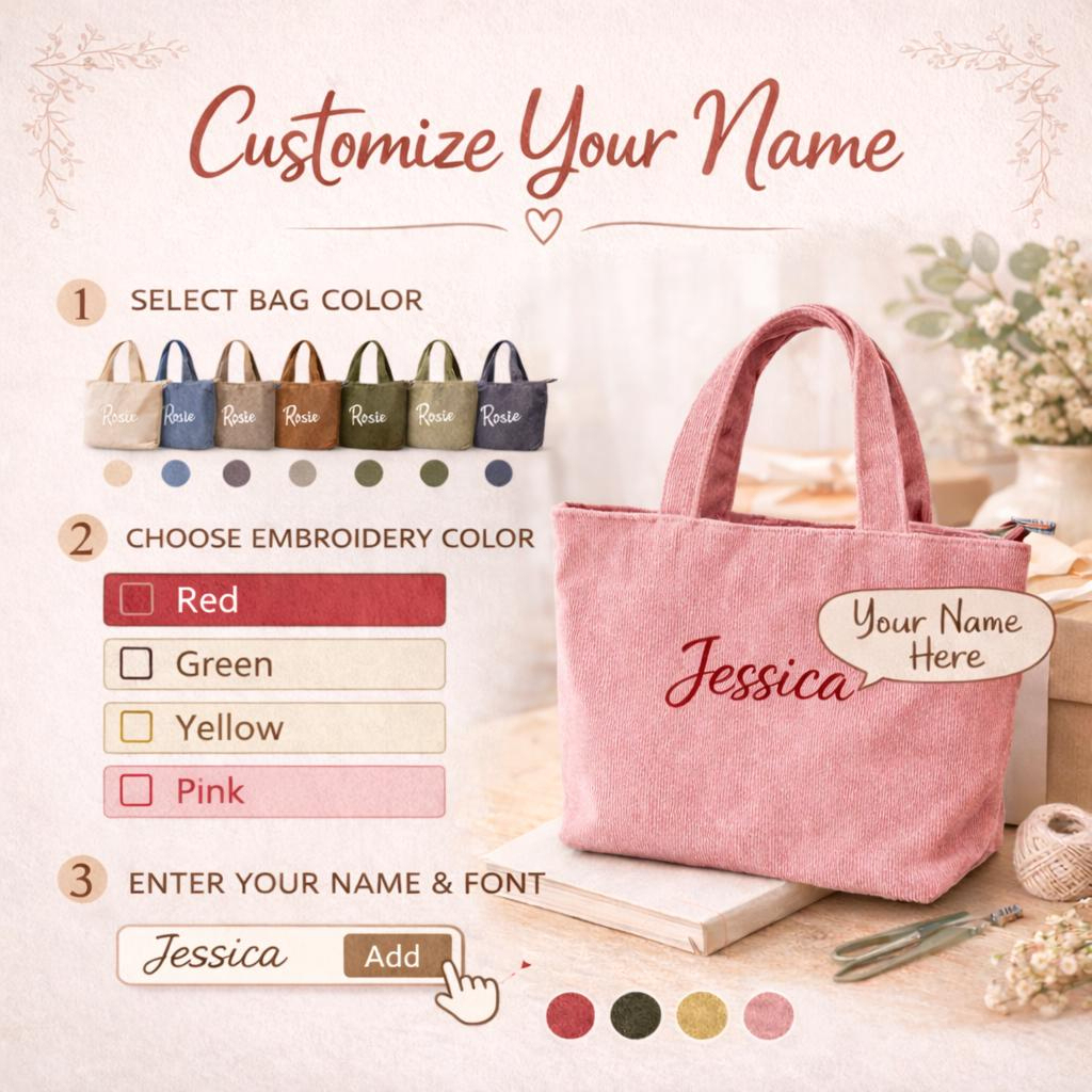 Personalized Corduroy Tote Bag with Custom Name Embroidery