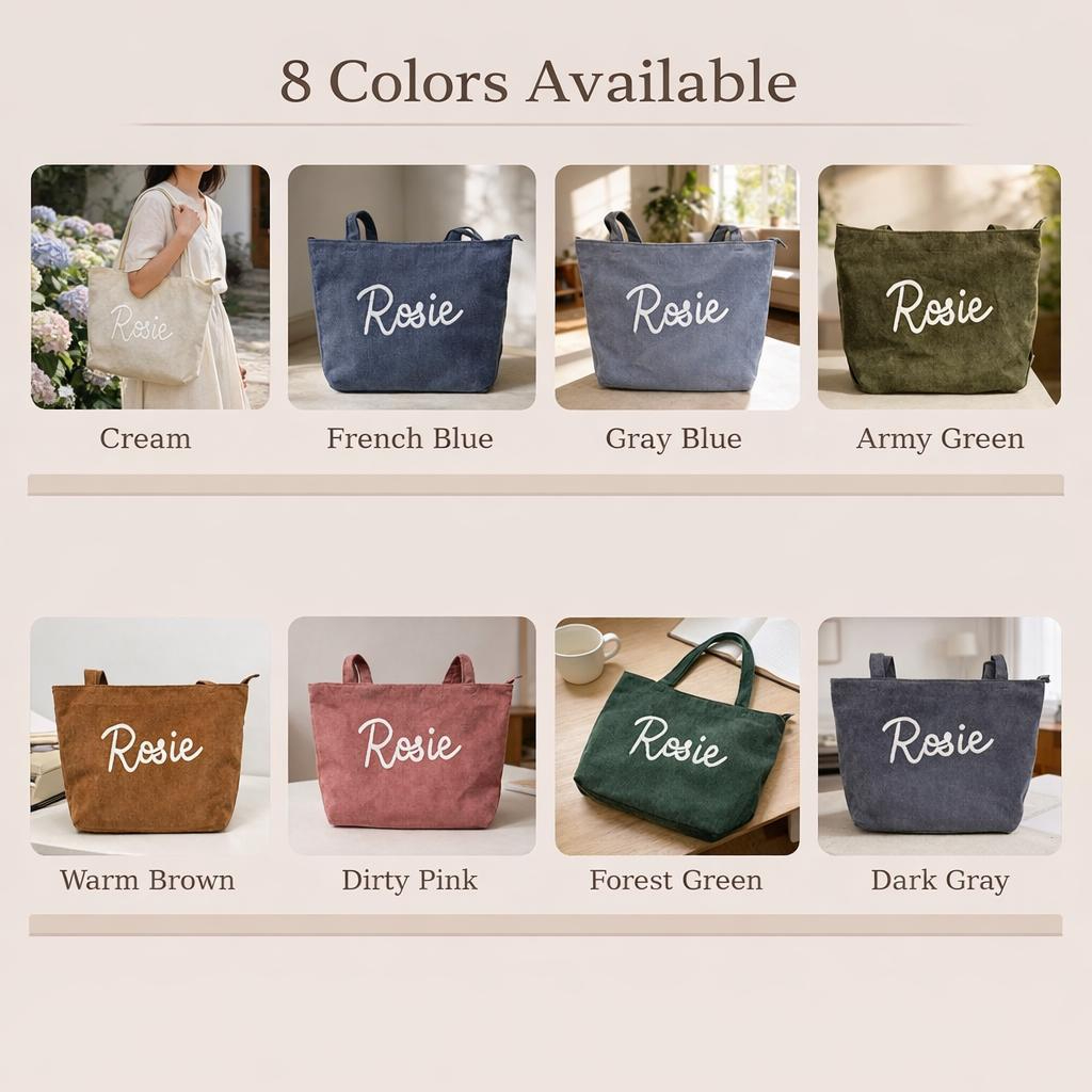 Personalized Corduroy Tote Bag with Custom Name Embroidery