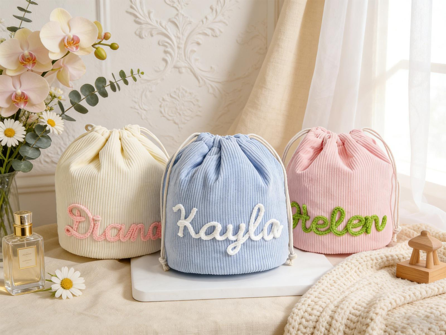 Personalized Corduroy Drawstring Makeup Bag