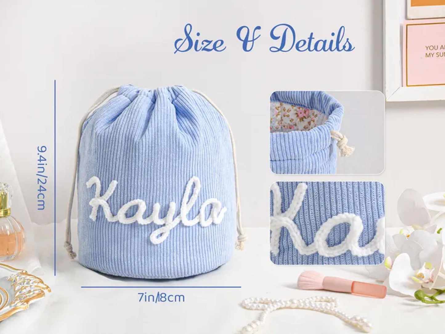 Personalized Corduroy Drawstring Makeup Bag