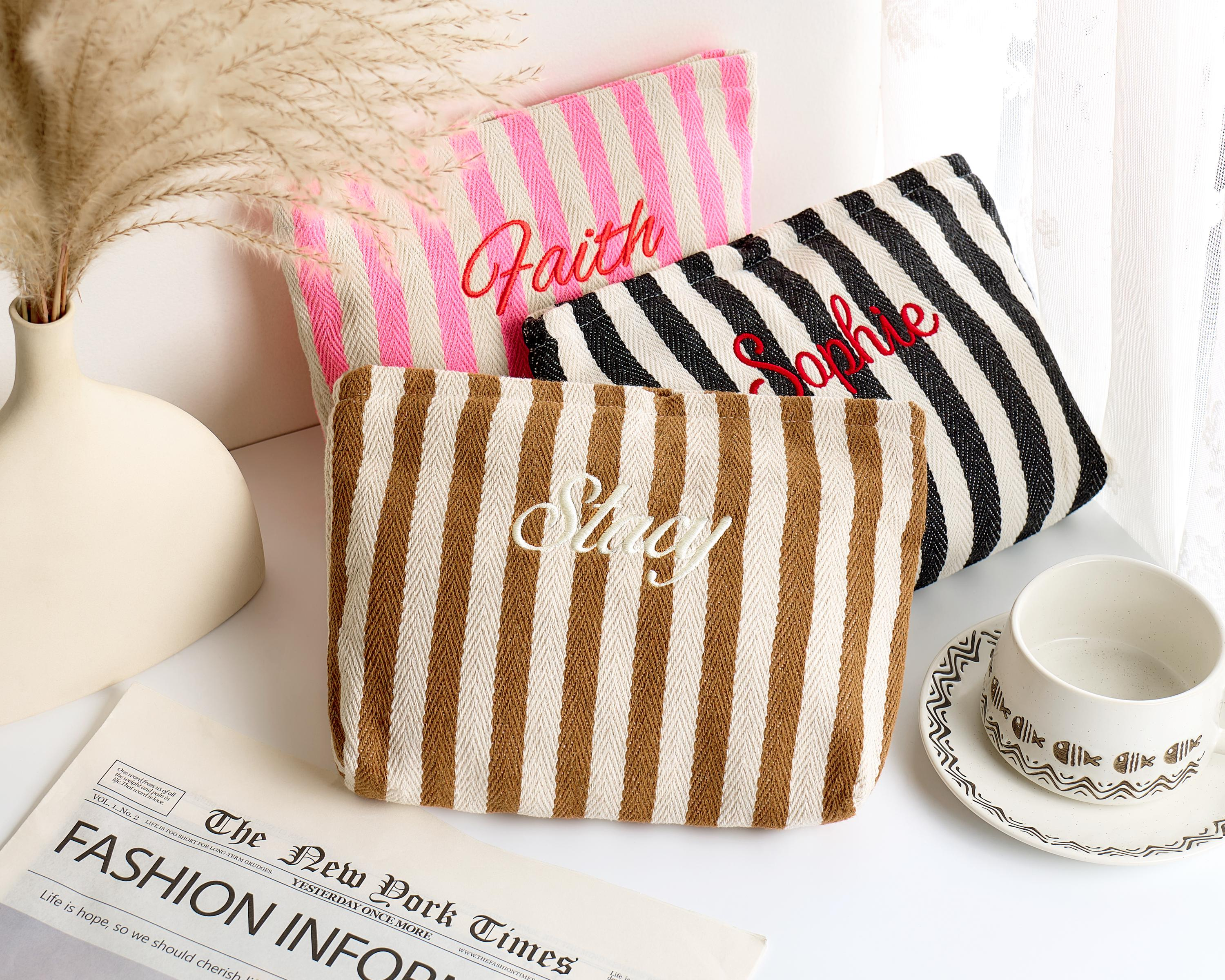 Pastel Striped Monogramed Makeup Bag