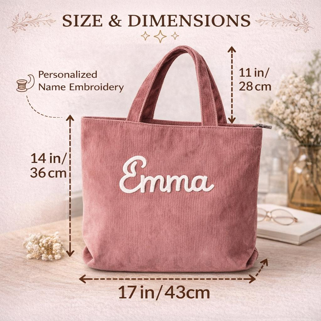 Personalized Corduroy Tote Bag with Custom Name Embroidery